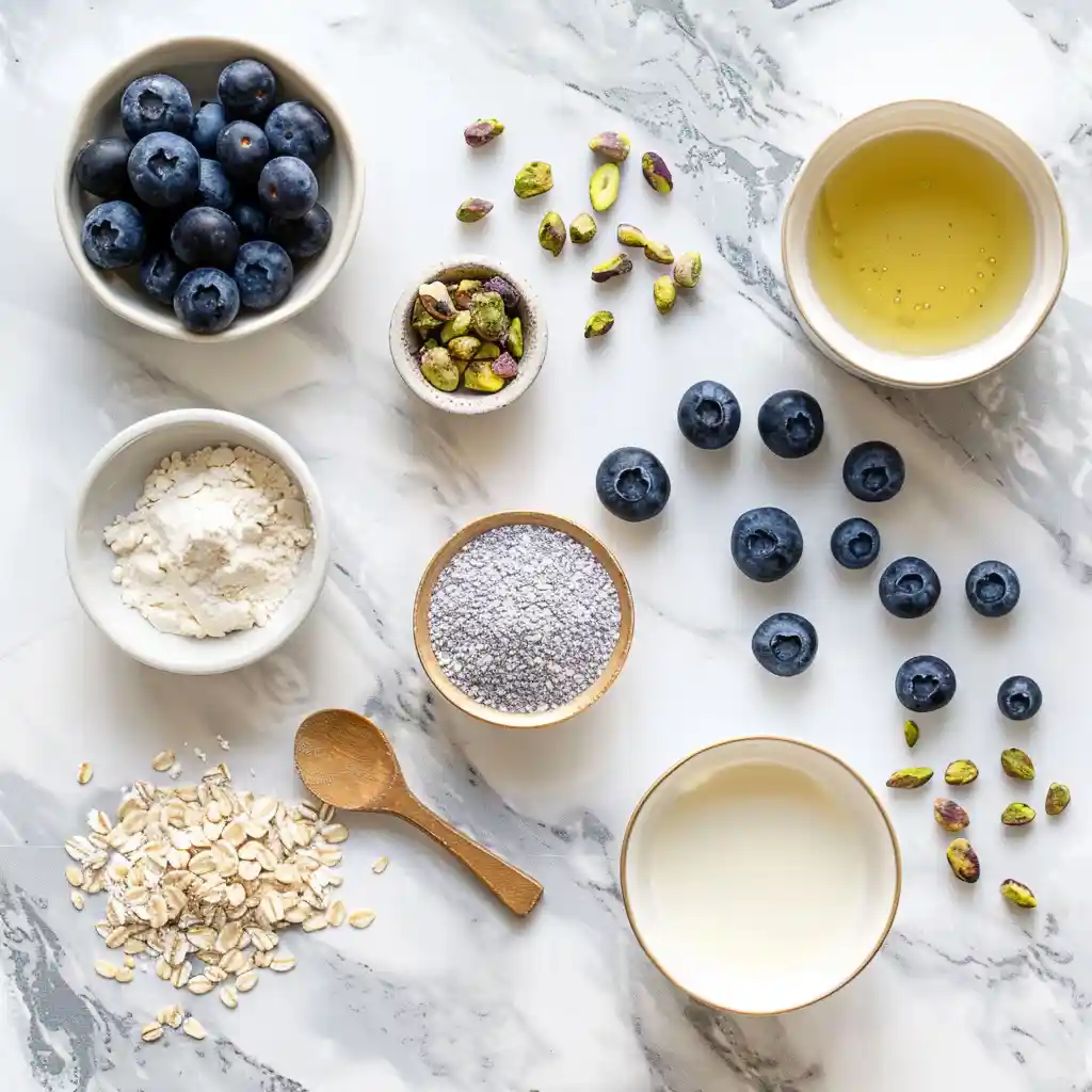 Berry and Pistachio Mug Cakes ingredients with six blueberries