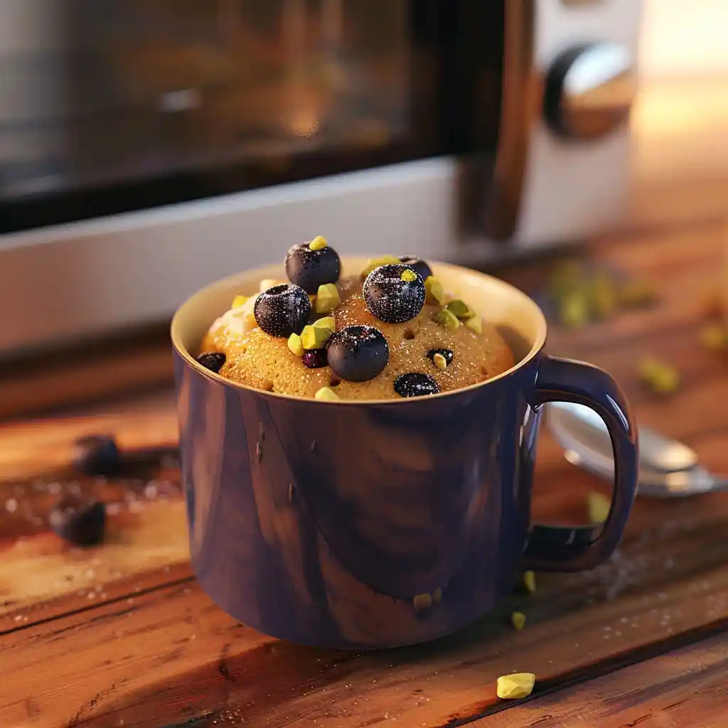Berry and Pistachio Mug Cakes after microwaving for 1.5 minutes