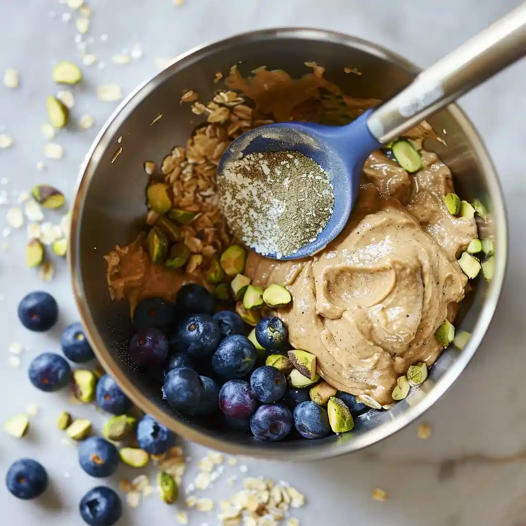 Mixing Berry and Pistachio Mug Cakes batter