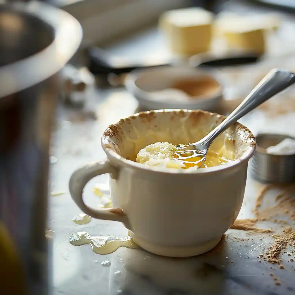 Brown Butter Vanilla Mug Cake step 1 with golden amber browned butter