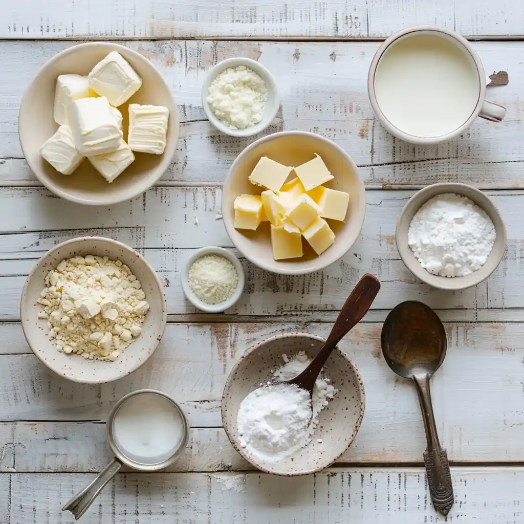 Brown Butter Vanilla Mug Cake ingredients with butter, flour, sugar, baking powder, salt, milk, and vanilla