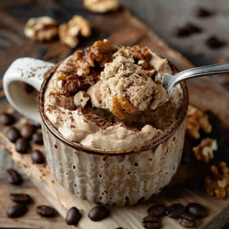 Close-up of Coffee and Walnut Mug Cakes with creamy frosting