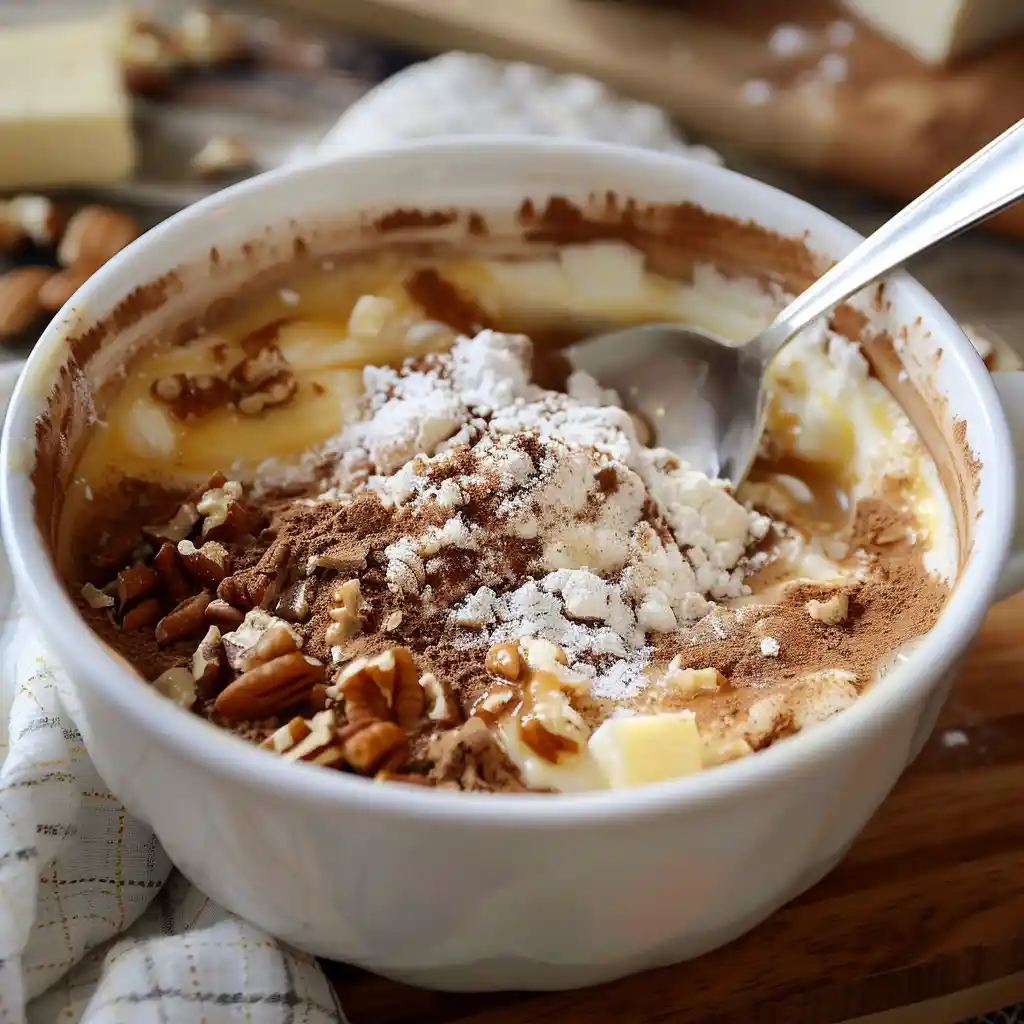 Mixing batter for Coffee and Walnut Mug Cakes