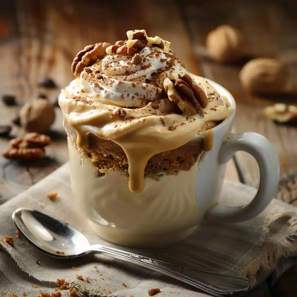 Finished Coffee and Walnut Mug Cakes with coffee icing