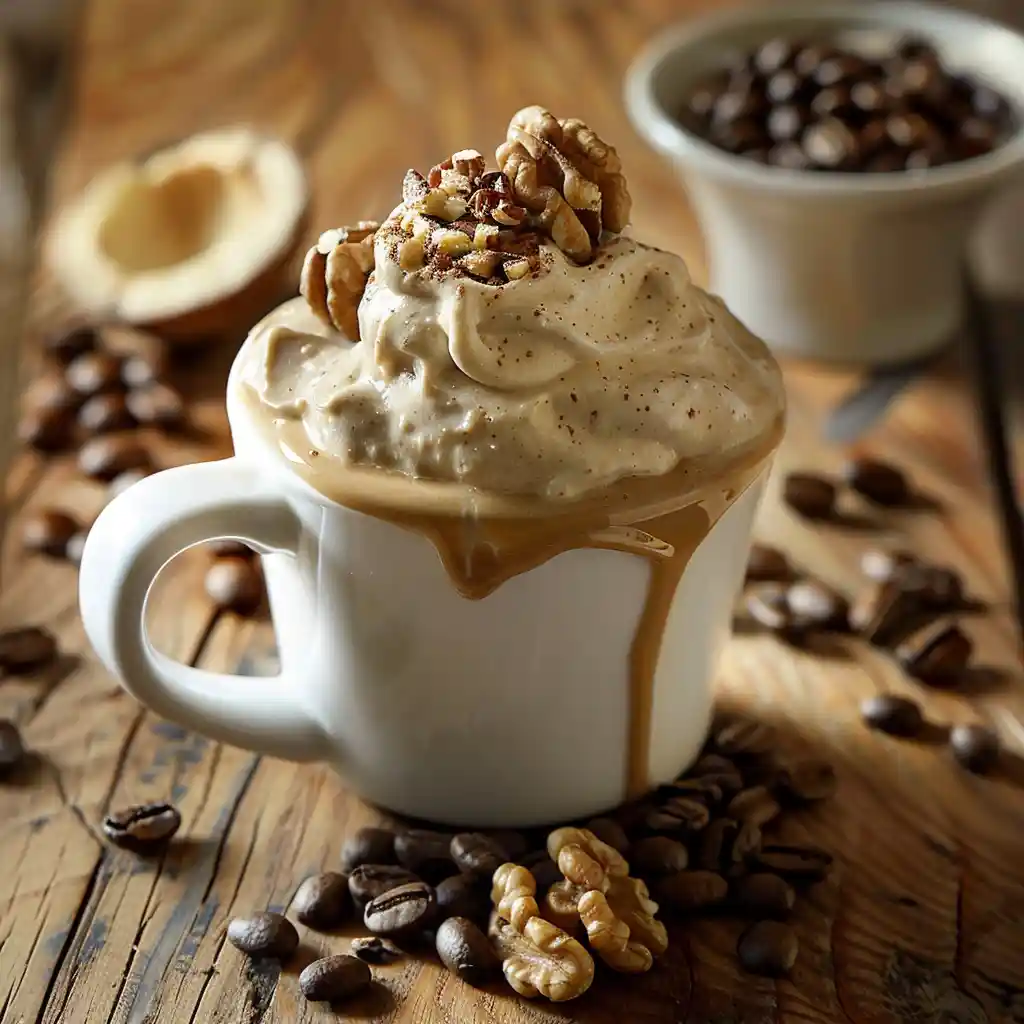 Coffee and Walnut Mug Cakes served in a white mug with creamy coffee icing