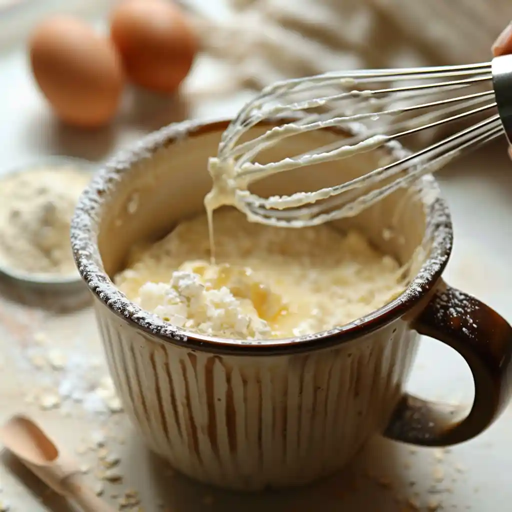 Mixing Cottage Cheese Mug Cake With Oat Flour batter