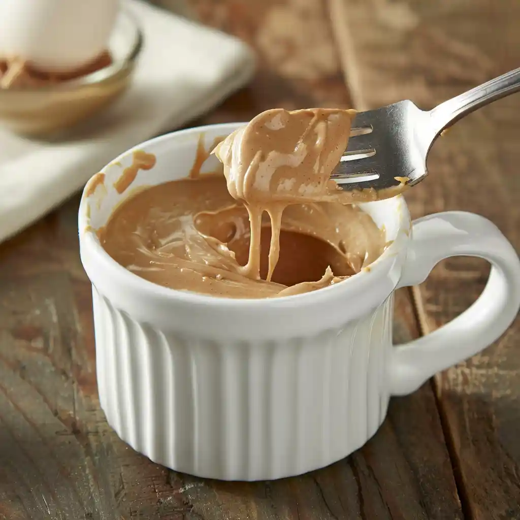 Mixing mug cake peanut eggs batter until smooth