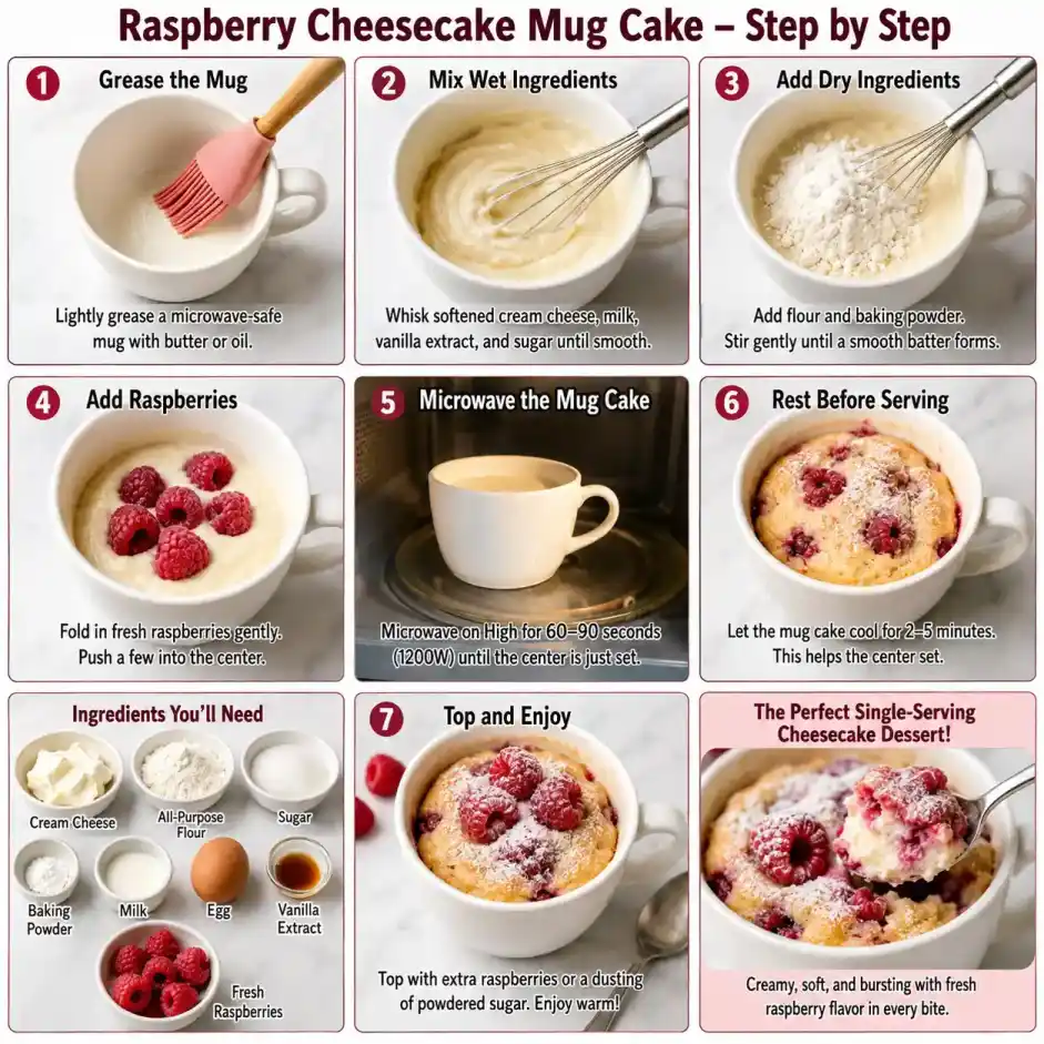 Raspberry Cheesecake Mug Cake step-by-step recipe with numbered microwave instructions