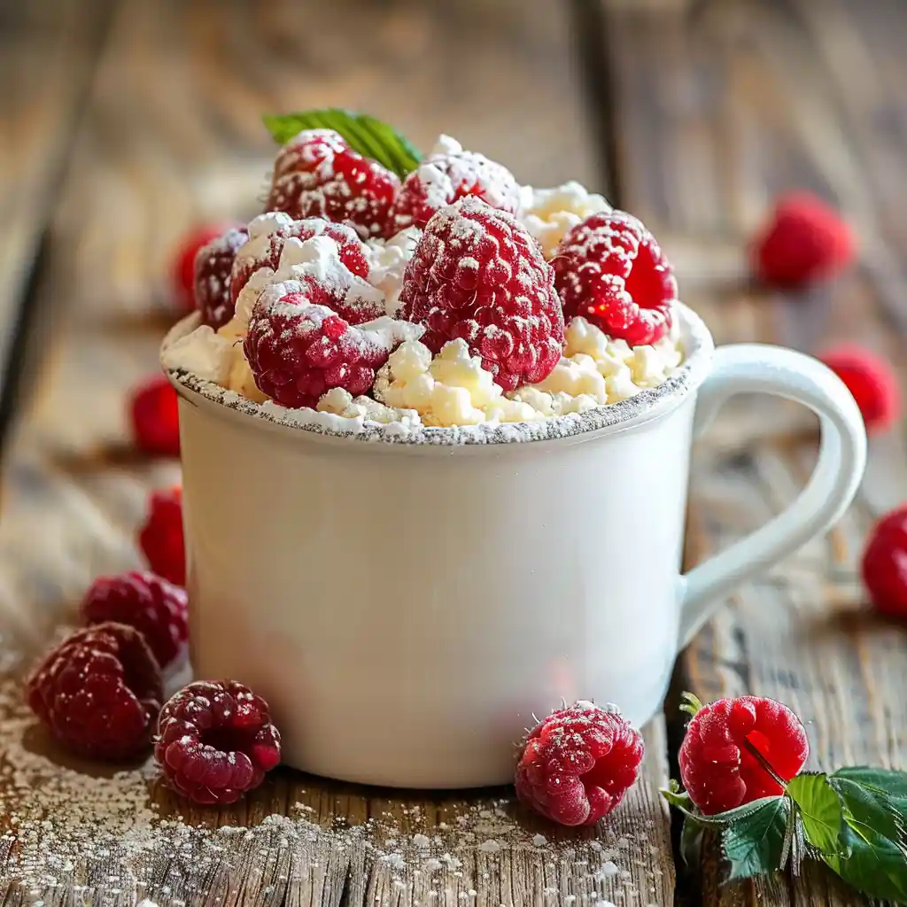 Raspberry Cheesecake Mug Cake in a white mug with fresh raspberries